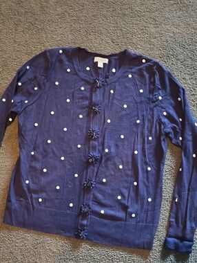 Charter Club Navy and White Polka Dot Cardigan